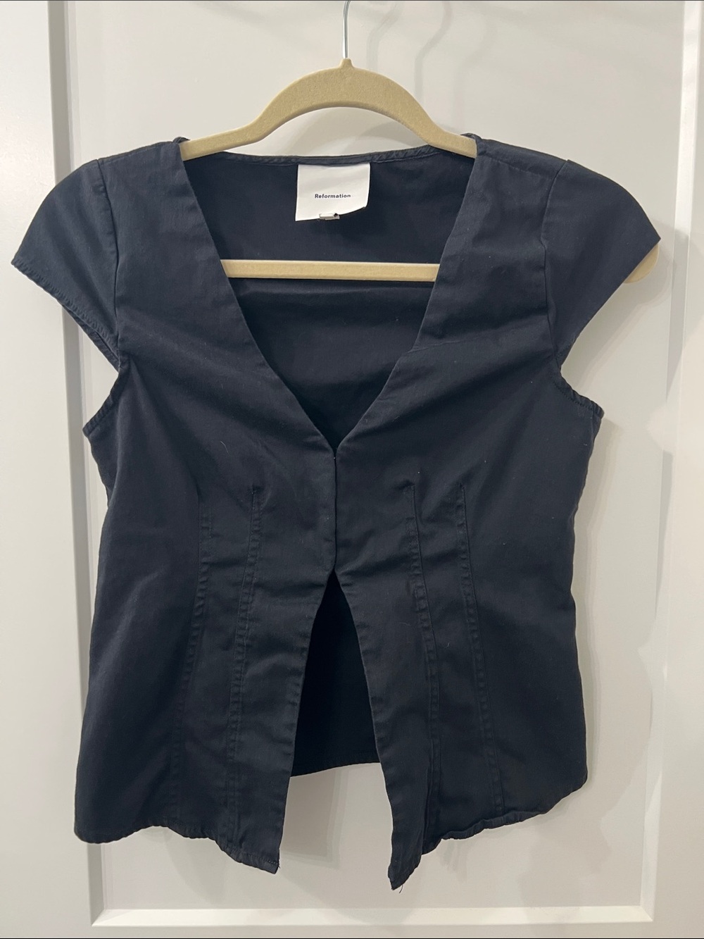 Reformation Black Cap-Sleeve V-Neck Blouse